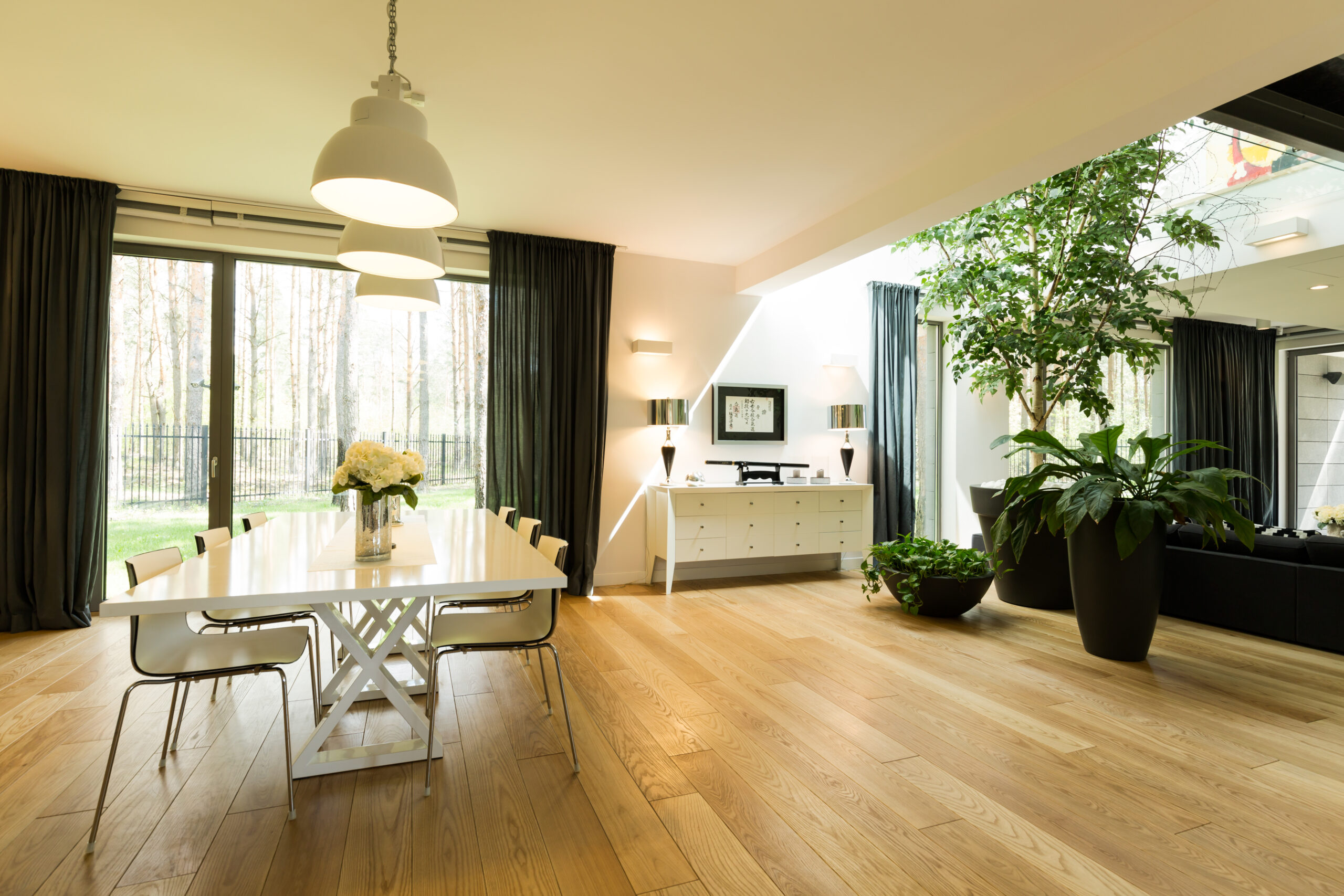 Open spacious room with large windows, minimalist dining table with chairs, plants and pendant lamps